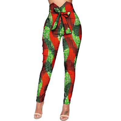 African Print Trousers Fashion Women Ankara High Waist Long Pants with Bowtie Dashiki Clothing Attire 703 XXS