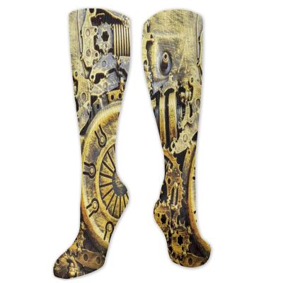 Steampunk Fashion Compression Socks,Vintage Machinery Close Up Image Print With Rusty Performance Polyester Cushioned Athletic Crew Socks for Running,Athletic,Yellow Grey Dark Brown- 19.8 inch