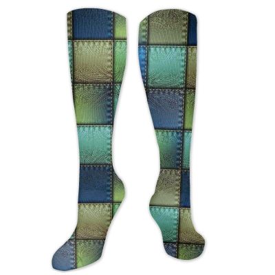 GULTMEE Fabric Fashion Compression Socks,Modern Geometric Bohemian Paisley Details In Square Shaped Performance Polyester Cushioned Athletic Crew Socks for Running,Athletic,Blue Green- 19.8 inch