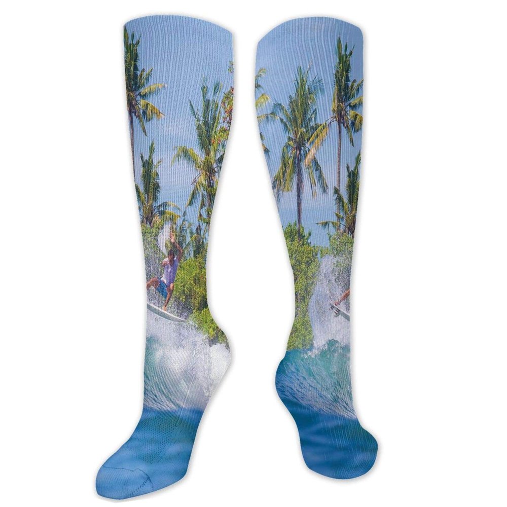 GULTMEE Ride The Wave Funky Colorful Cushion Sport Socks,Surfer In Ocean By Bali Island Palm Trees,Athletic Cushioned Running Performance Crew Socks For Men/Women,Fern Green Violet Blue- 19.8 inch