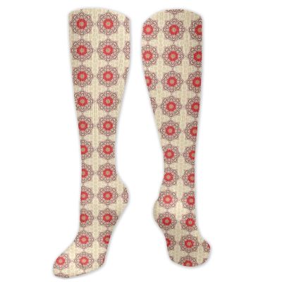 Ethnic Funny Compression Socks Women and Men,Tribal Mandala Inspired Floral Composition With Pale Colored Backdrop,Best for Circulation,Running,Athletic,Nurse,TravelRuby Beige Dark Coral- 19.8 inch