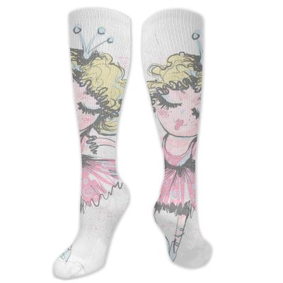 GULTMEE Ballerina Fashion Compression Socks,Curly Blonde Haired Cute Dancer Girl Pencil Drawing Performance Polyester Cushioned Athletic Crew Socks for Running,Athletic,Multicolor- 19.8 inch