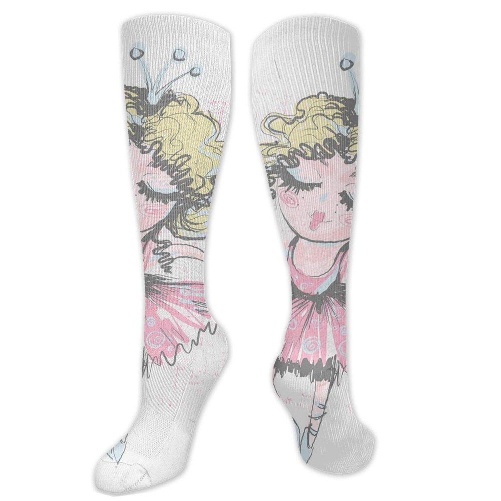 GULTMEE Ballerina Fashion Compression Socks,Curly Blonde Haired Cute Dancer Girl Pencil Drawing Performance Polyester Cushioned Athletic Crew Socks for Running,Athletic,Multicolor- 19.8 inch