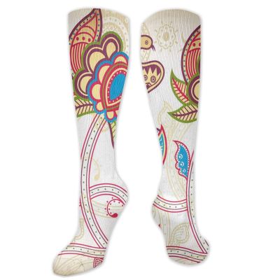 Floral Fashion Compression Socks,Ethnic Birds And Curved Flower Petals Shabby Chic Style Artsy Image Performance Polyester Cushioned Athletic Crew Socks for Running,Athletic,Multicolor- 19.8 inch