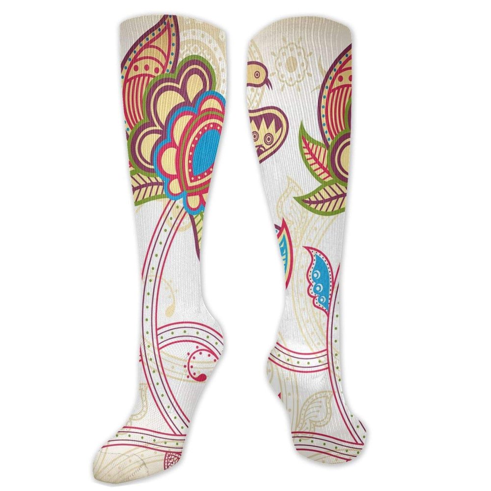 Floral Fashion Compression Socks,Ethnic Birds And Curved Flower Petals Shabby Chic Style Artsy Image Performance Polyester Cushioned Athletic Crew Socks for Running,Athletic,Multicolor- 19.8 inch