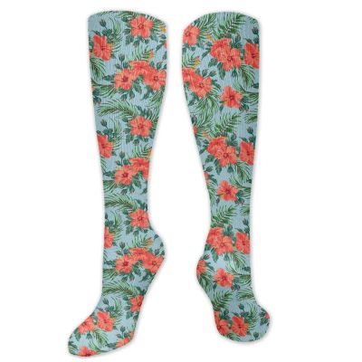 Luau Fashion Compression Socks,Exotic Summer Bouquet Design With Hibiscus Flourish Aloha Performance Polyester Cushioned Athletic Crew Socks for Running,Athletic,Pale Blue Dark Coral Green- 19.8 inch