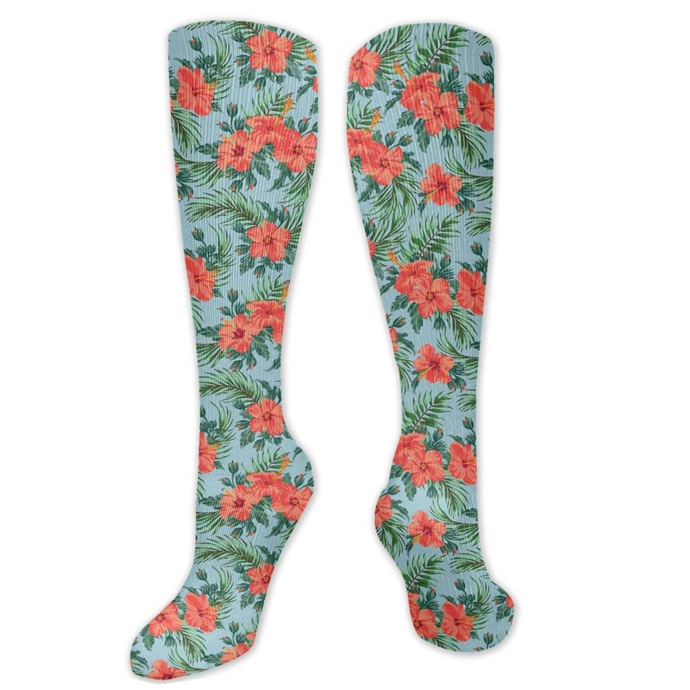 Luau Fashion Compression Socks,Exotic Summer Bouquet Design With Hibiscus Flourish Aloha Performance Polyester Cushioned Athletic Crew Socks for Running,Athletic,Pale Blue Dark Coral Green- 19.8 inch