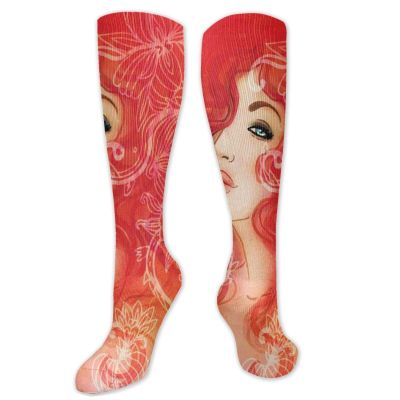 Fashion Funny Compression Socks Women and Men,Woman Face With Floral Ornamentals In Hair Glamour Watercolor Modern Artwork,Best for Circulation,Running,Athletic,Nurse,TravelOrange Cream Red- 19.8 inch