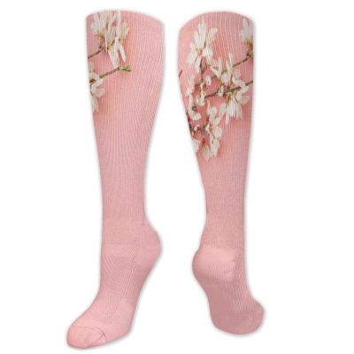 Almond Blossom Fashion Compression Socks,Spring Cherry Blossom Tree On Pink Background Pastel Performance Polyester Cushioned Athletic Crew Socks for Running,Athletic,Cream Pale Pink- 19.8 inch