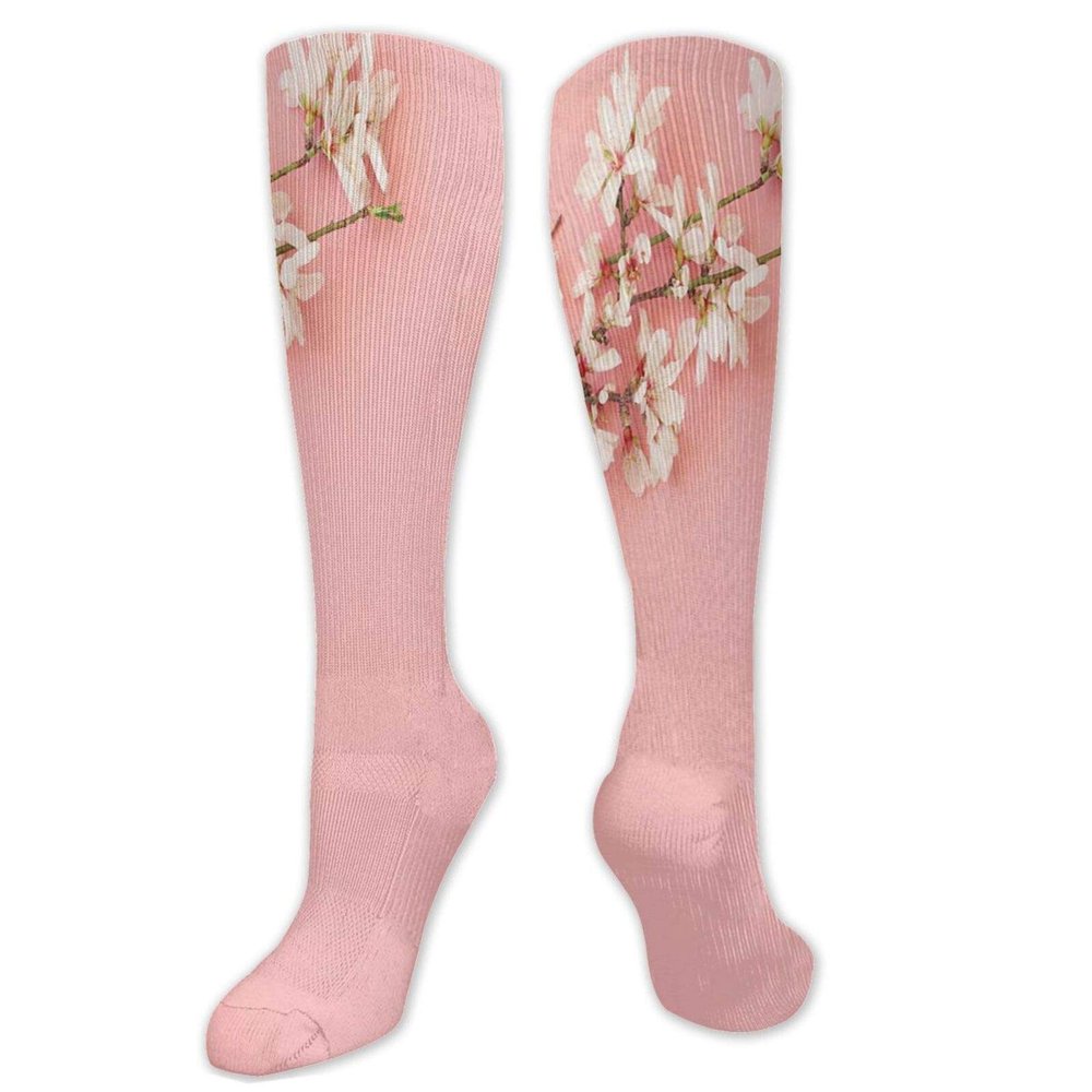 Almond Blossom Fashion Compression Socks,Spring Cherry Blossom Tree On Pink Background Pastel Performance Polyester Cushioned Athletic Crew Socks for Running,Athletic,Cream Pale Pink- 19.8 inch