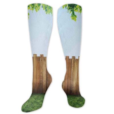 Farm House Funny Compression Socks Women and Men,Rustic Plank Over Field Meadow Tranquil Nature Yard Neighborhood Image,Best for Circulation,Running,Athletic,Nurse,TravelGreen Brown- 19.8 inch