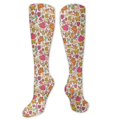 GULTMEE Tea Party Funky Colorful Cushion Sport Socks,Retro Style Kitchen Things Pattern Cups And Pots,Athletic Cushioned Running Performance Crew Socks For Men/Women,Multicolor- 19.8 inch