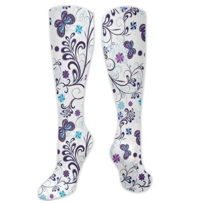 GULTMEE Floral Funky Colorful Cushion Sport Socks,Spring With Flying Inspirational Butterflies,Athletic Cushioned Running Performance Crew Socks For Men/Women,Dark Purple Pale Blue- 19.8 inch