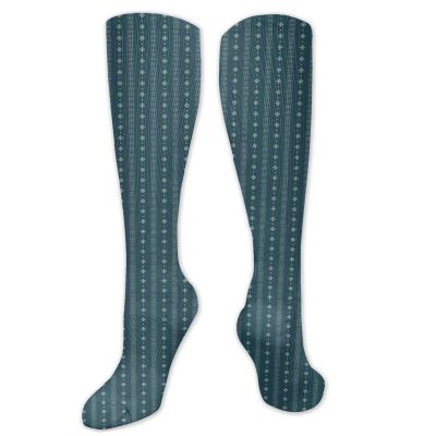 Teal And Yellow Fashion Compression Socks,Pattern With Vertical Abstract Ornaments Performance Polyester Cushioned Athletic Crew Socks for Running,Athletic,Dark Teal Pale Yellow- 19.8 inch