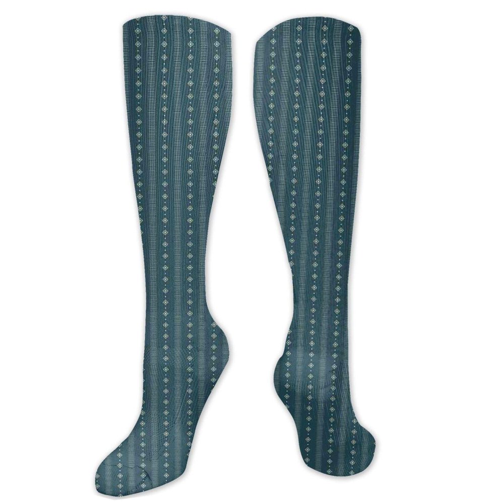 Teal And Yellow Fashion Compression Socks,Pattern With Vertical Abstract Ornaments Performance Polyester Cushioned Athletic Crew Socks for Running,Athletic,Dark Teal Pale Yellow- 19.8 inch