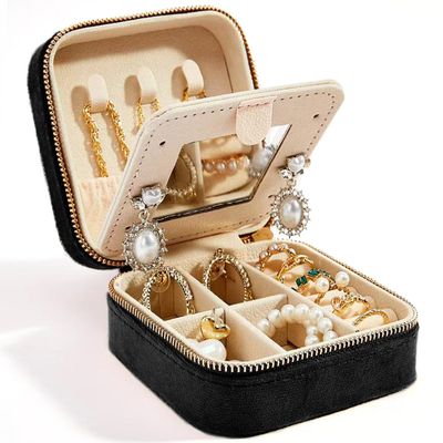 Travel Velvet Jewelry Box with Mirror, Mini Gifts Case for Women Girls, Small Portable Organizer Boxes for Rings Earrings Necklaces Bracelets (Black)