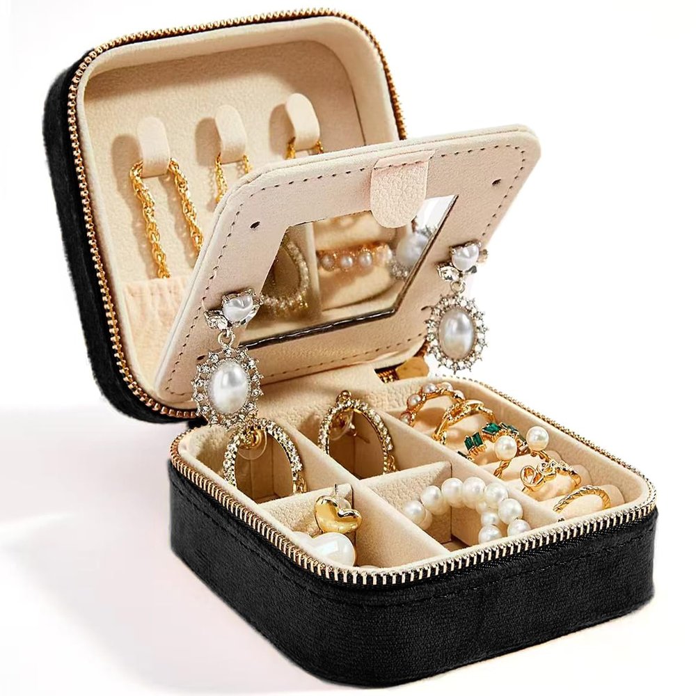 Travel Velvet Jewelry Box with Mirror, Mini Gifts Case for Women Girls, Small Portable Organizer Boxes for Rings Earrings Necklaces Bracelets (Black)