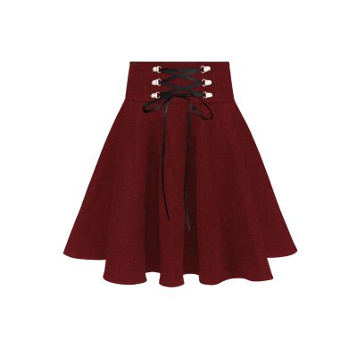 TONCHENGSD Women's Gothic Punk Plaid Pleated High Waisted Short A-line Flare Mini Skirt (Dark Red, S)