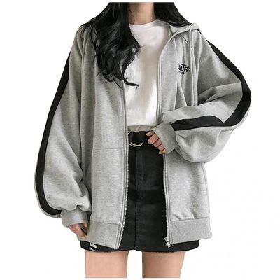 LIXIAO Womens Hooded Cardigan Top Solid Color Full Zip Long Sleeve Blouse Autumn Plus Size Loose Fit Coat Outerwear