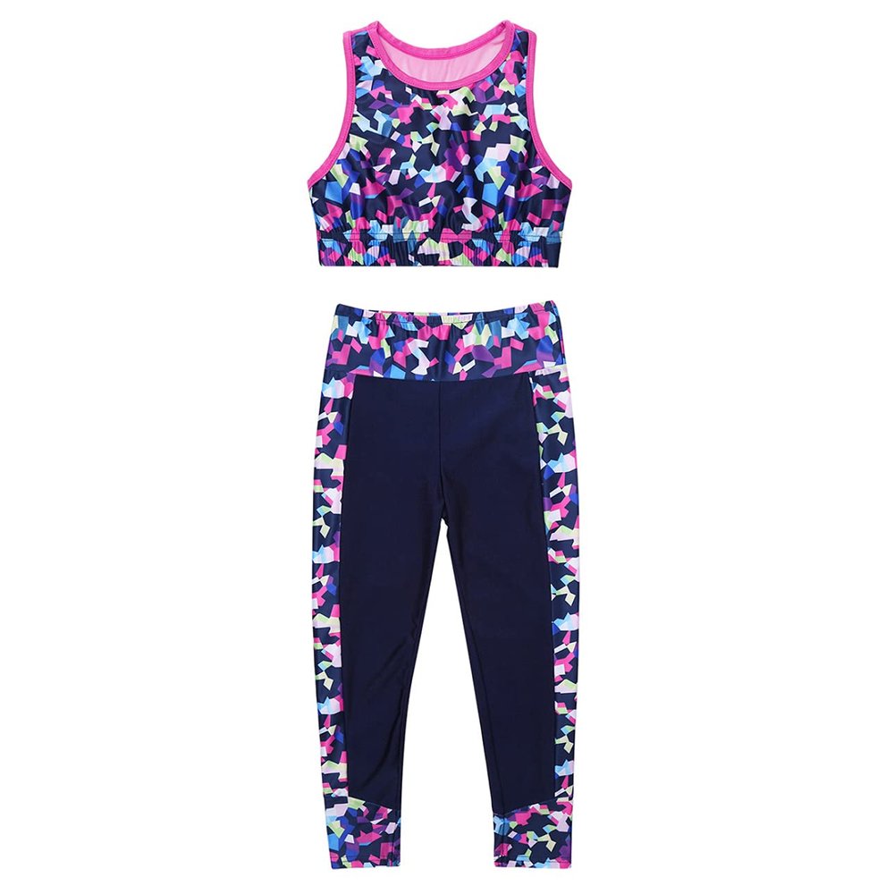 Hedmy 2PCS Kids Girls Digital Printed Sports Athletic Outfit Racer Back Crop Top and Pant Set for Workout Dance Gym Rose_Red 12 Years