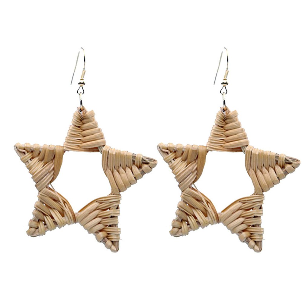 1 Pair Lightweight Rattan Knit Star Triangle Geometric Drop Dangle Earrings Bohemia Straw Wicker Braid Woven Statement Bamboo Jewelry for Women Teens-star