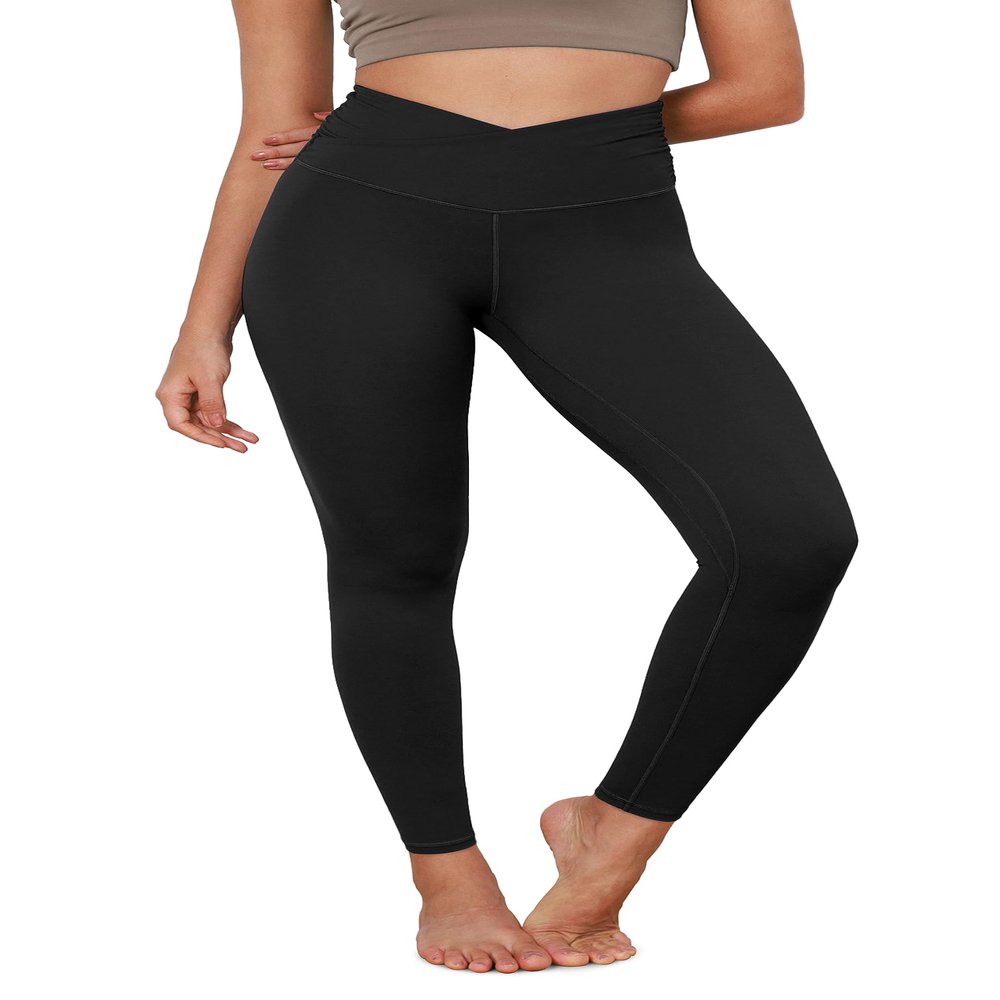 ODODOS Women's Cross Waist Full Length Yoga Leggings with Inner Pocket, Inseam 28" Gathered Crossover Workout Yoga Pants, Black, X-Small