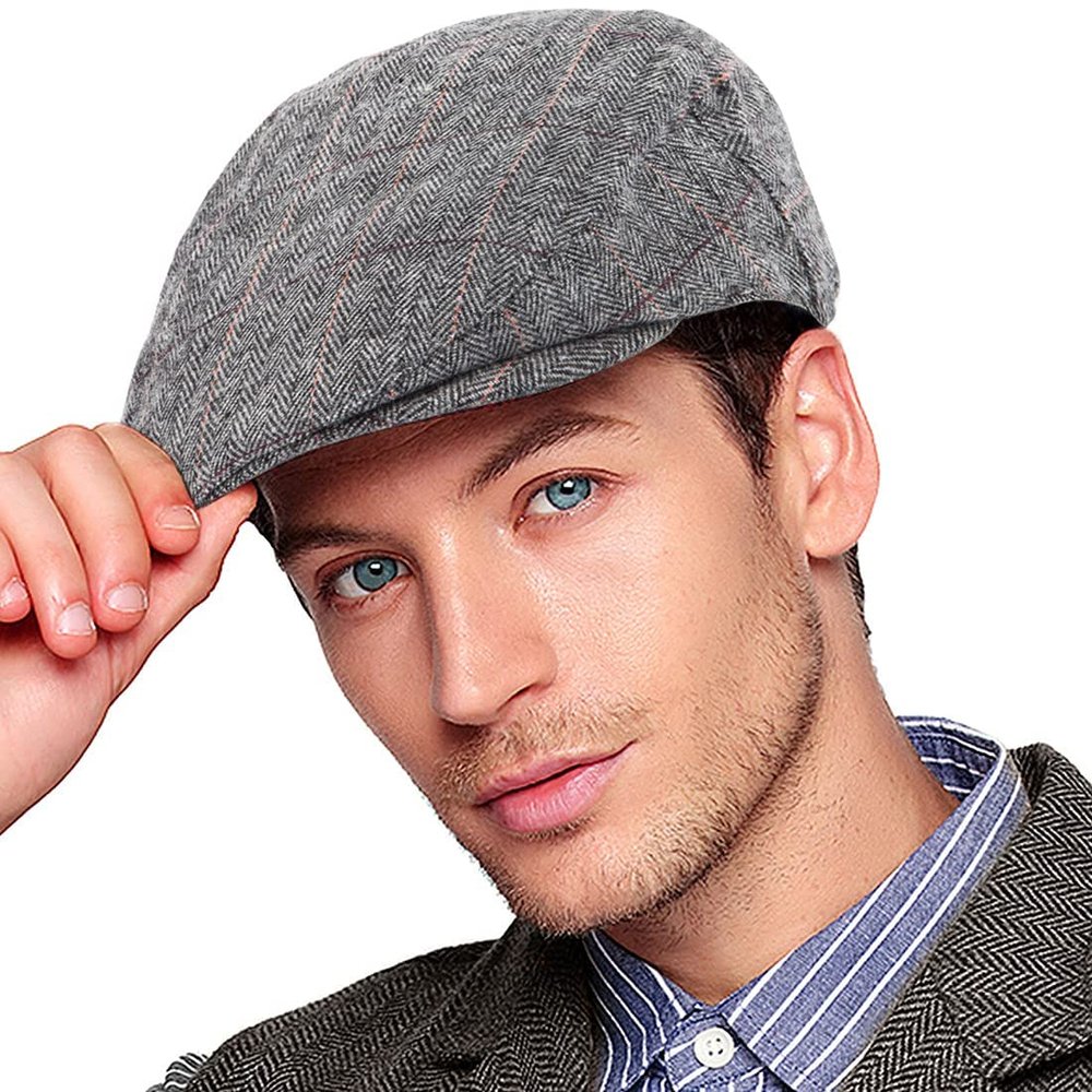 1920s Newsboy Cap Men Wool Blend Irish Tweed Hat Winter (Plaid Grey, S/M, 7 1/4)