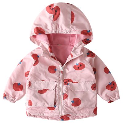 Happy Cherry Little Girls Light Waterproof Jackets Fleece Lined Hooded Windbreaker Dust Coats Fashion Cartoon Printed Hoodies Fall Winter Insulated Trench Jacket Cute Outwear for Kids Pink Fruit 4-5T