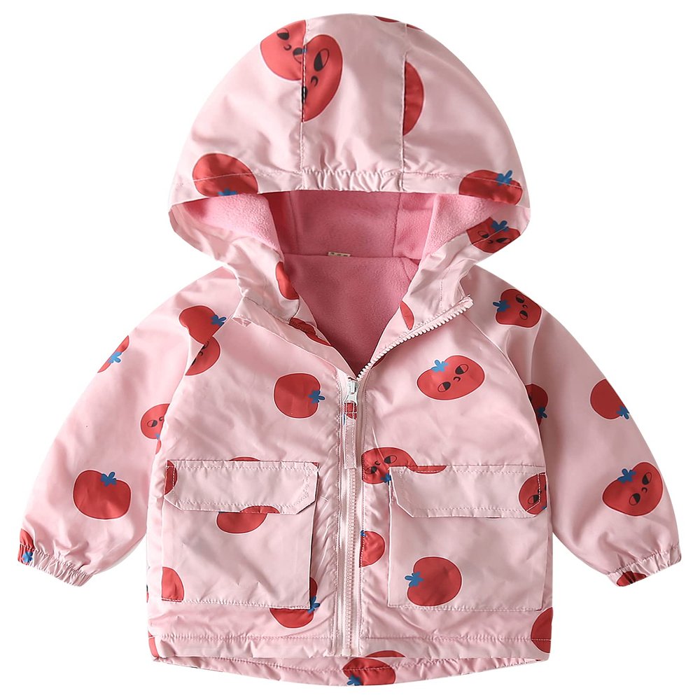 Happy Cherry Little Girls Light Waterproof Jackets Fleece Lined Hooded Windbreaker Dust Coats Fashion Cartoon Printed Hoodies Fall Winter Insulated Trench Jacket Cute Outwear for Kids Pink Fruit 4-5T