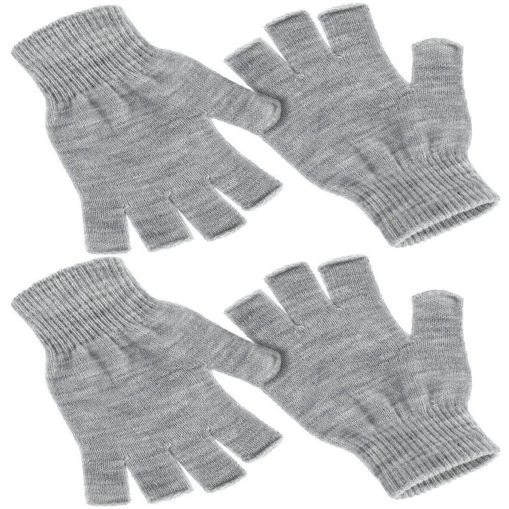 SATINIOR 2 Pair Unisex Winter Half Finger Gloves Knitted Fingerless Mittens Warm Stretchy Gloves in Common Size(Standard Size,Light Grey)