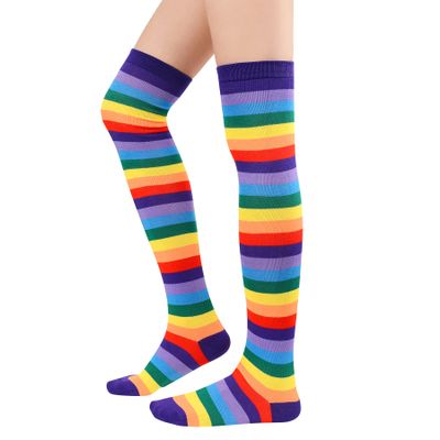 Zando Rainbow Socks Halloween Women Cosplay Striped Thigh High Socks Plus Size Thigh High Stockings Kawaii Leg Warmers 1 Pair Purple Rainbow One Size