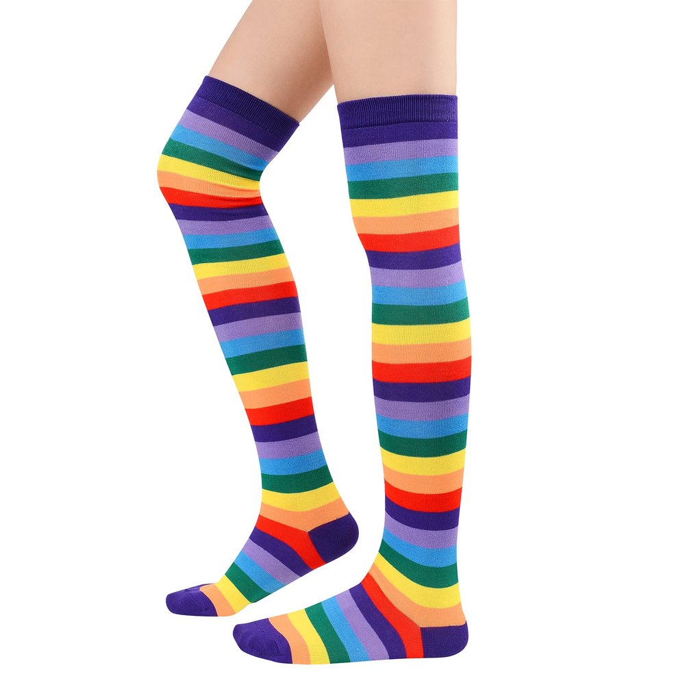 Zando Rainbow Socks Halloween Women Cosplay Striped Thigh High Socks Plus Size Thigh High Stockings Kawaii Leg Warmers 1 Pair Purple Rainbow One Size