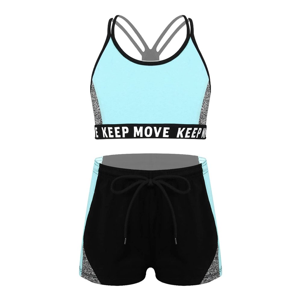 Yeeye Nikiikoo Kids Girls 2 Piece Athletic Outfits Strappy Sports Bra and with Shorts for Gymnastics Dance Tumbling Little-Blue 6