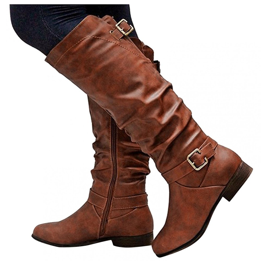 Bcshiye Women's Mid Calf Riding Boots,Side Zipper Buckle Knee High Winter Boots Wide Calf Low Heel Ladies Booties Shoes