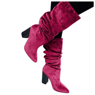 Bcshiye Women's Chunky Heel Knee High Boots,Pointed Toe Slouchy Knee High Boots Slip On Winter Cowboy Boots for Women