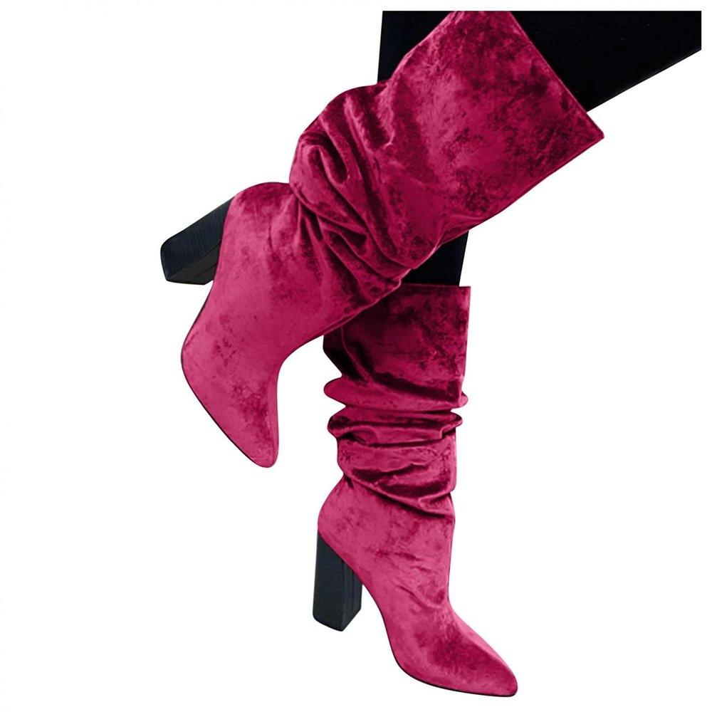 Bcshiye Women's Chunky Heel Knee High Boots,Pointed Toe Slouchy Knee High Boots Slip On Winter Cowboy Boots for Women