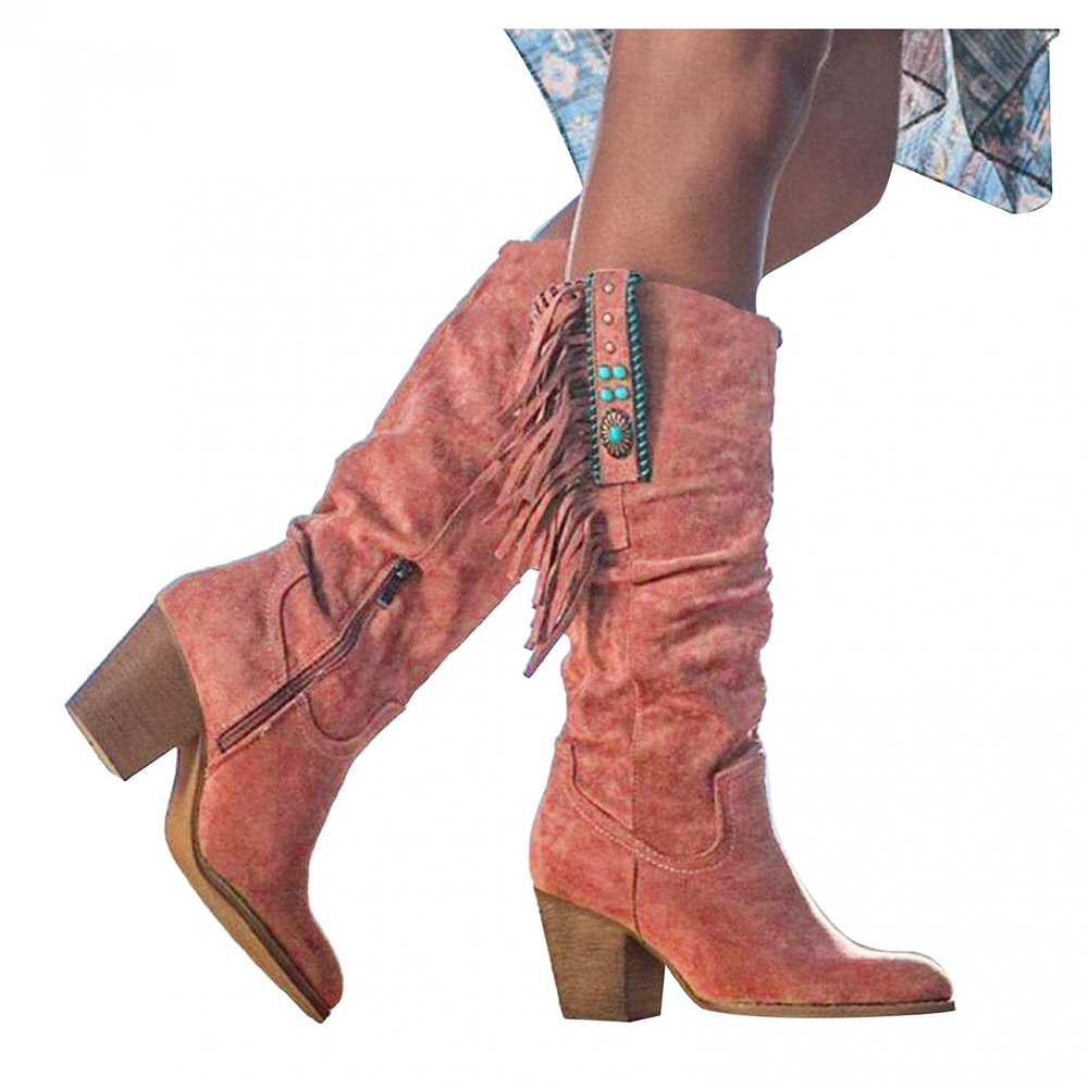 Bcshiye Women's Chunky Heel Knee High Dress Boots Winter Western Mid Calf Boots Low Heels Zipper Comfort Riding Boots