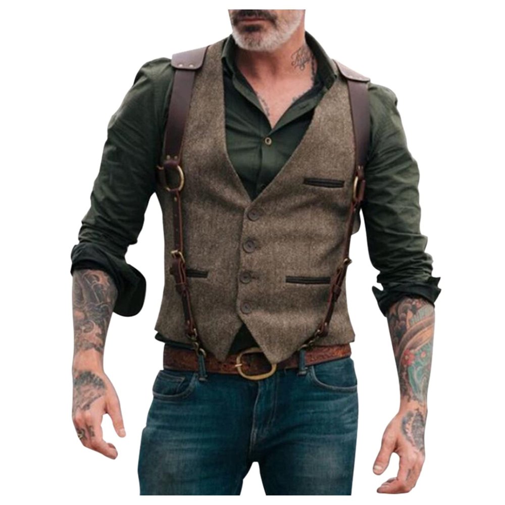 BINGLI Suit Vest for Men, Men's Autumn And Winter Casual Sleeveless Retro Single-breasted Leather Velvet Suit Vest (01-Brown, XXL)