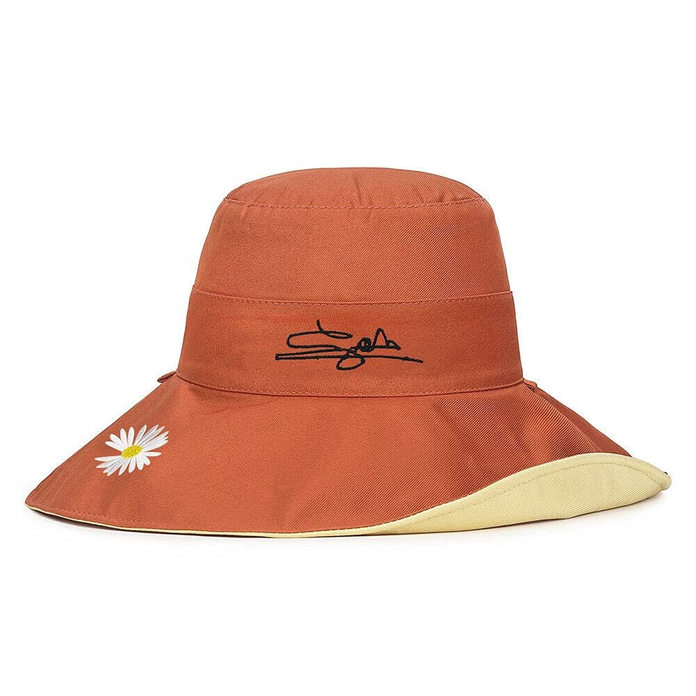 Magik Daisy Double-Sided UV Protection Wide Brim Bucket Hat Sun Beach Fisherman Cap (Red+Beige, Large)