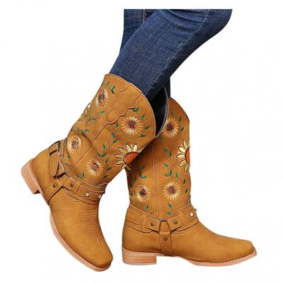 Hbeylia Sunflower Embroidered Cowboy Boots For Women Ethnic Vintage Suede Square Toe Metal Buckle Chunky Block Mid Heels Pullon Wide Calf Boots Rhinestones Retro Dress Work Short Boots For Ladies