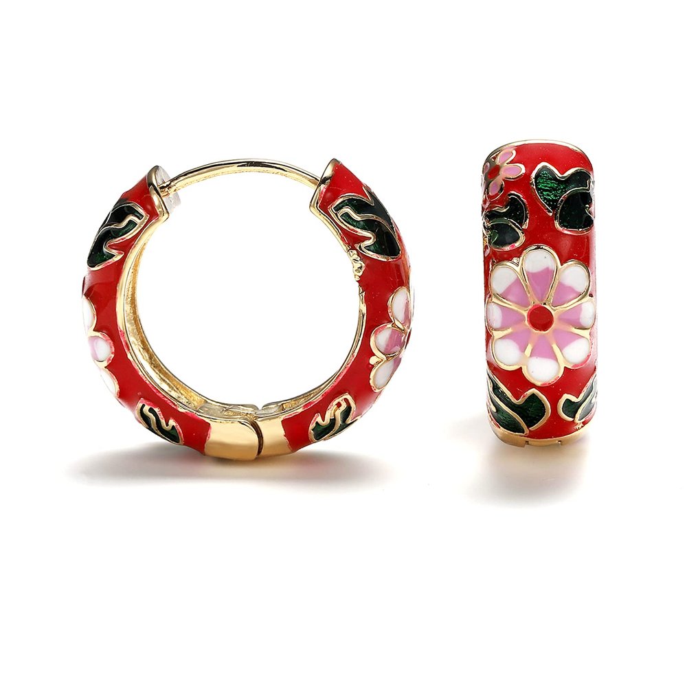 Vintage Enamel Flower Small Hoop Earrings, Retro Japanese Style Flowers Ear Clip-on for Women Delicate Jewelry-black