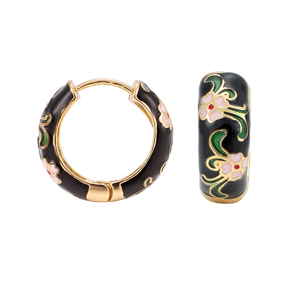 Vintage Enamel Flower Small Hoop Earrings, Retro Japanese Style Flowers Ear Clip-on for Women Delicate Jewelry-black