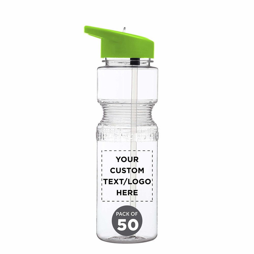 DISCOUNT PROMOS Custom Sports Bottles with Straw 28 oz. Set of 50, Personalized Bulk Pack - BPA Free, Great for Gym, Hiking, Cycling, Yoga and More - Lime Green