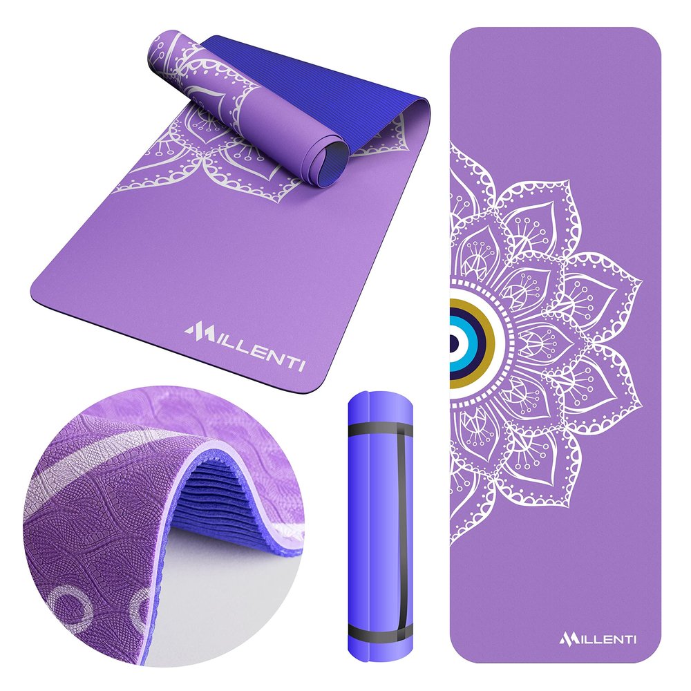 MILLENTI Yoga Mat Fitness Equipment - 6mm Thick TPE Material Yoga Mat Eco Friendly, Premium-Design Print, Non-Slip Exercise Mat For Home, Gym, Pilates Mat, Mandala Purple, YMB13WPU