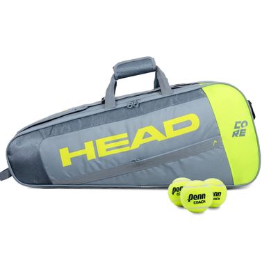 HEAD Core 3R Pro Tennis Racquet Bag, Holds 3 Racquets, Adjustable Strap, Grey/Yellow