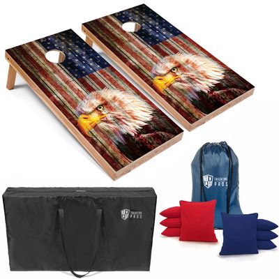 Tailgating Pros Patriotic Eagle US Flag Design Cornhole Board Set w/Bean Bags and Carrying Case - 4'x2' Corn Hole Toss Game - Optional LED Lights