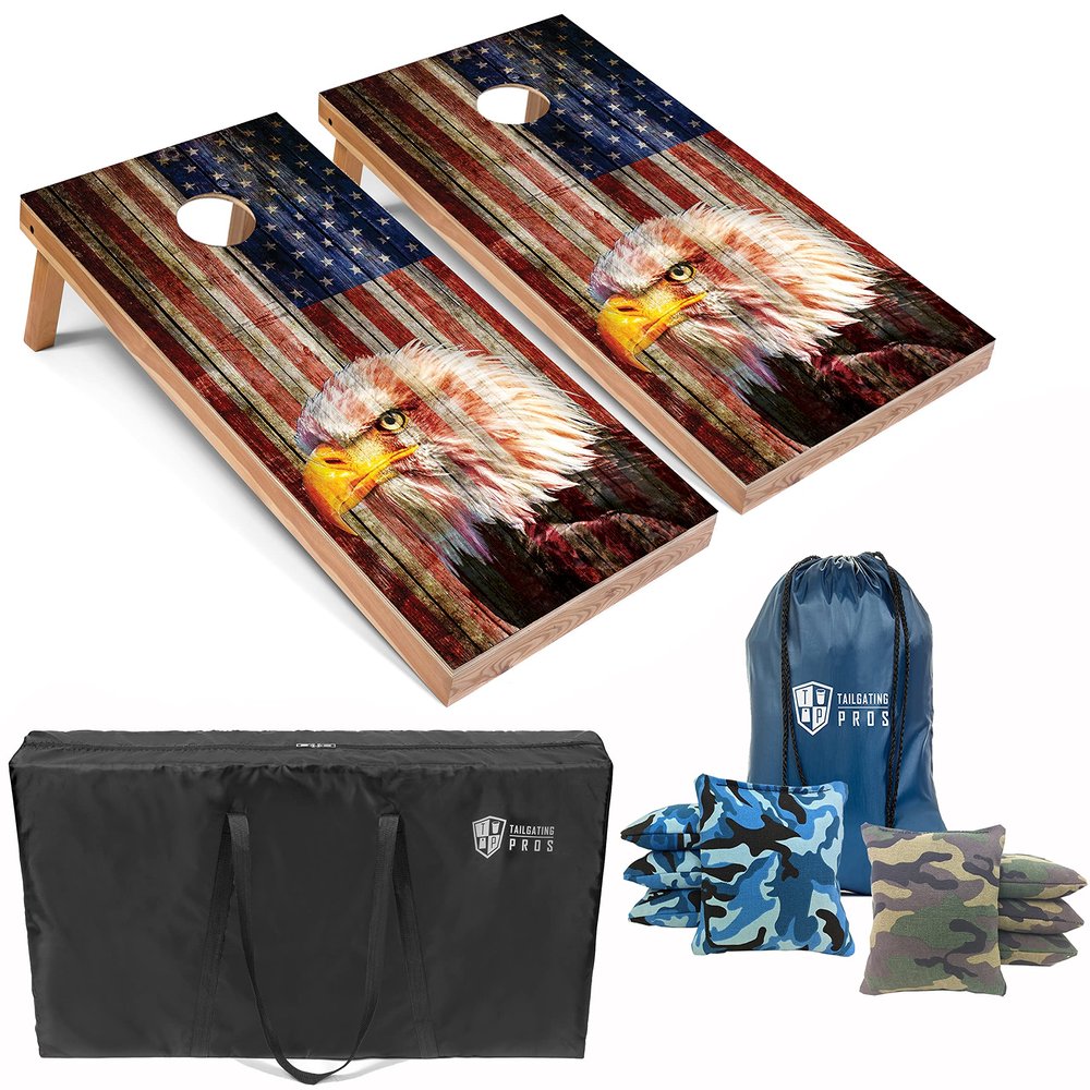 Tailgating Pros Patriotic Eagle US Flag Design Cornhole Board Set w/Bean Bags and Carrying Case - 4'x2' Corn Hole Toss Game - Optional LED Lights