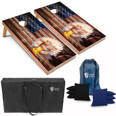 Tailgating Pros Patriotic Eagle US Flag Design Cornhole Board Set w/Bean Bags and Carrying Case - 4'x2' Corn Hole Toss Game - Optional LED Lights
