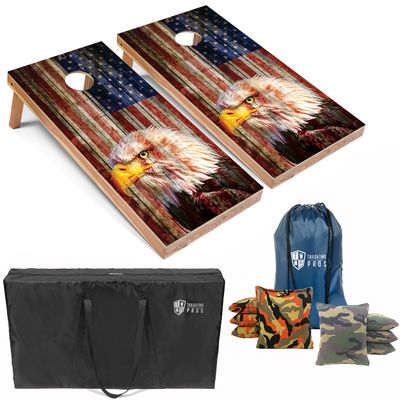 Tailgating Pros Patriotic Eagle US Flag Design Cornhole Board Set w/Bean Bags and Carrying Case - 4'x2' Corn Hole Toss Game - Optional LED Lights
