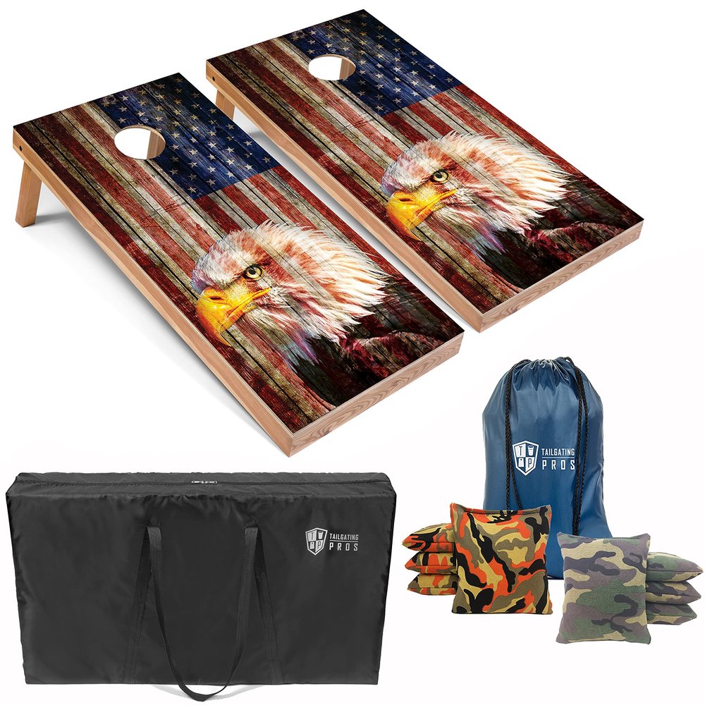 Tailgating Pros Patriotic Eagle US Flag Design Cornhole Board Set w/Bean Bags and Carrying Case - 4'x2' Corn Hole Toss Game - Optional LED Lights